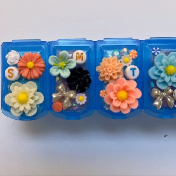 Hand Crafted Floral Weekly Pill Organizer - Blue, Orange, Yellow - Picture 2 of 5
